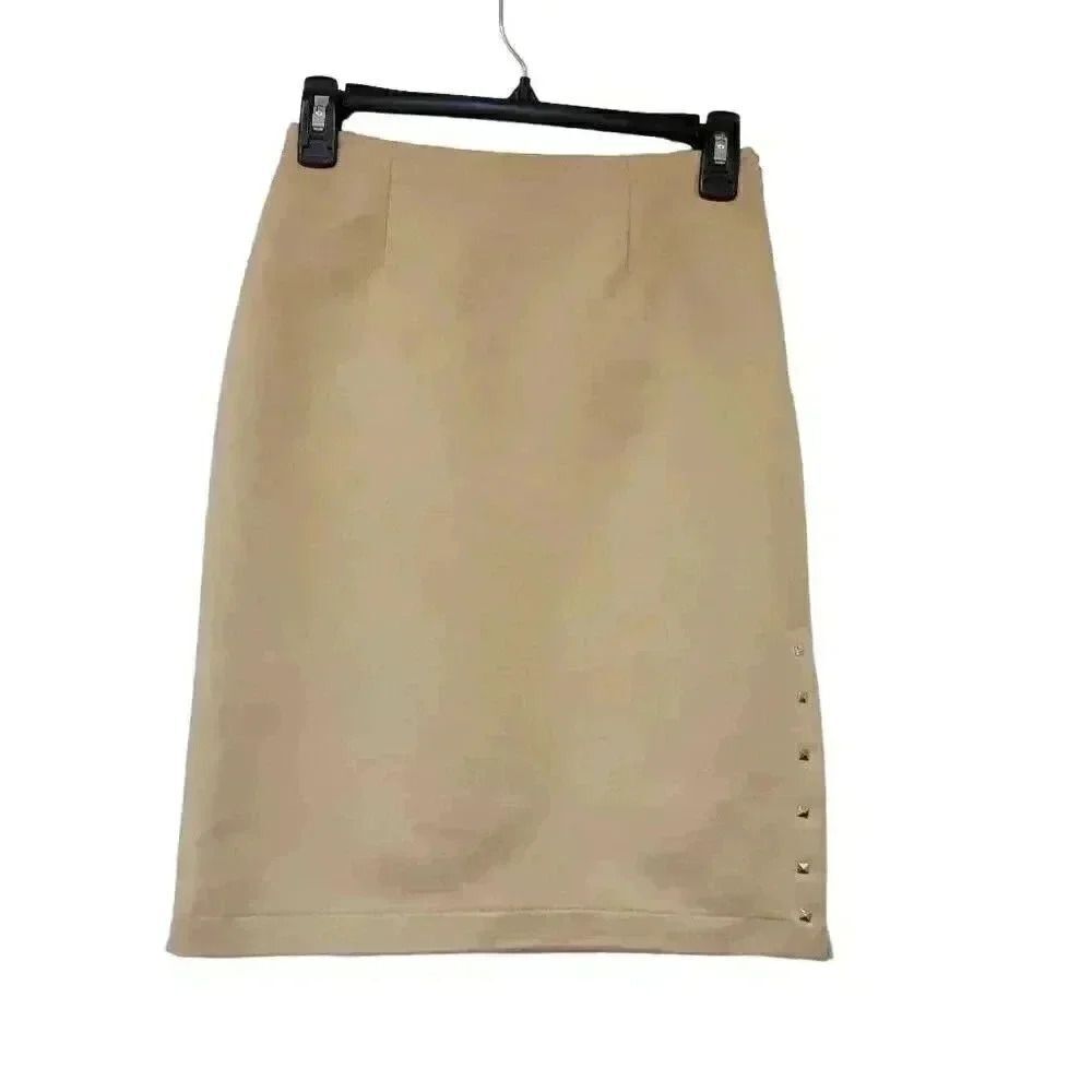 Wanko Women's Ivory Poly Faux Sueded Studded Lined Straight Pencil Straight Skir